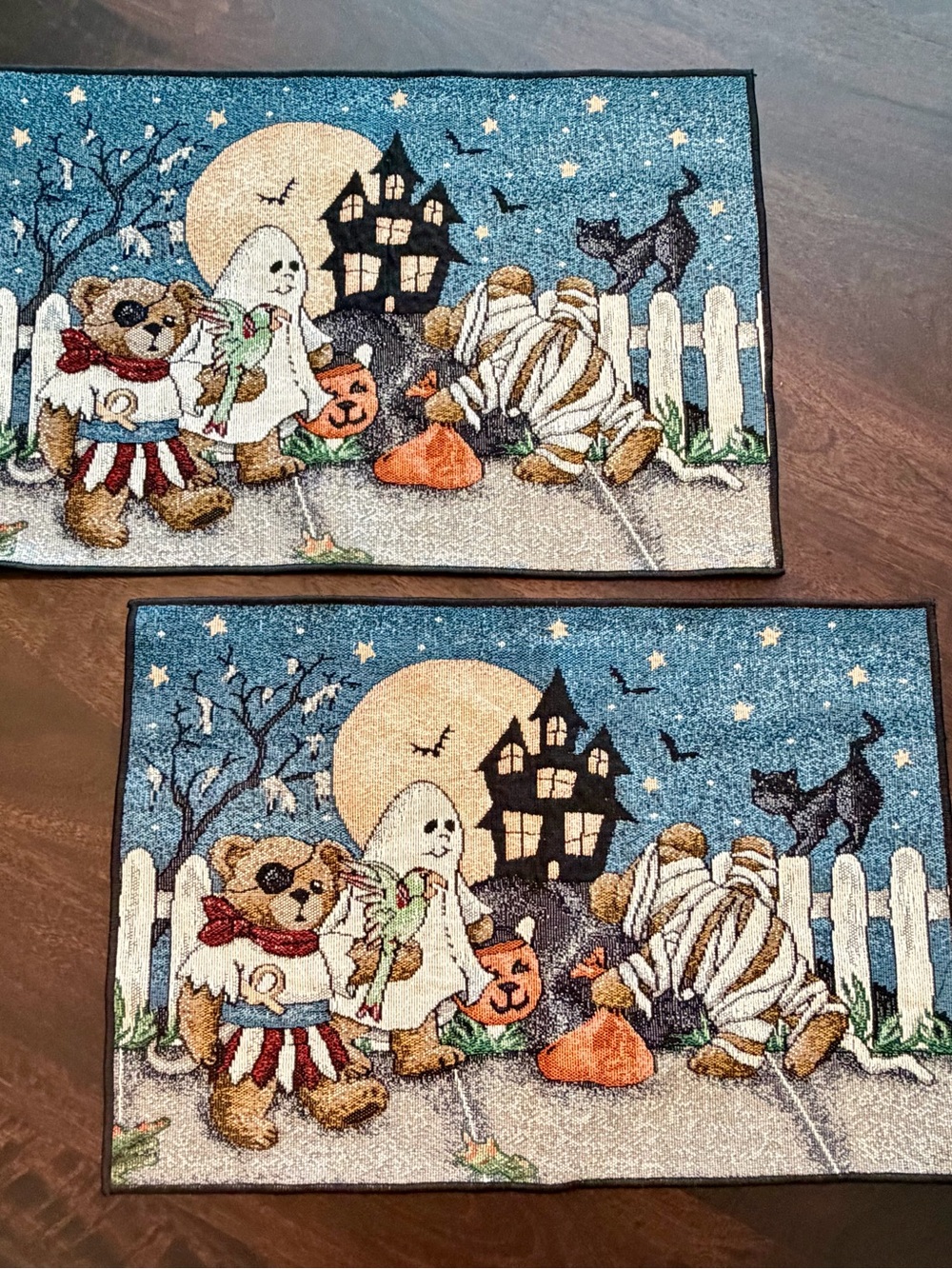 Set of 2 90s Halloween Boyds Bears Teddy & Ghost Placemats- Blue/Cream